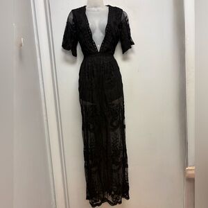 🖤 Honey Punch Black Lace Sheer Maxi Dress | Size M